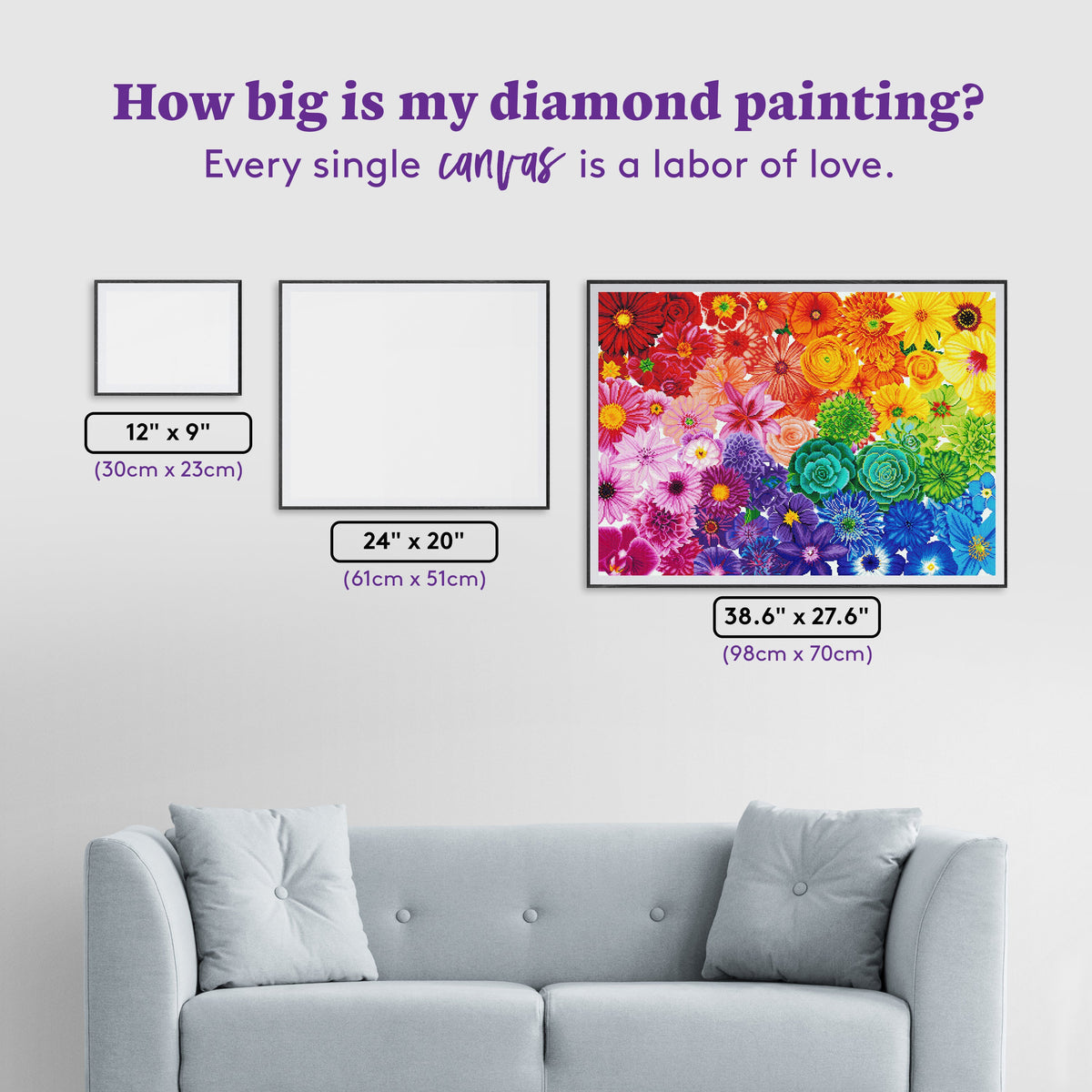 Diamond Painting Rainbow Flower Power 38.6" x 27.6" (98cm x 70cm) / Square with 61 Colors including 6 ABs / 107,476