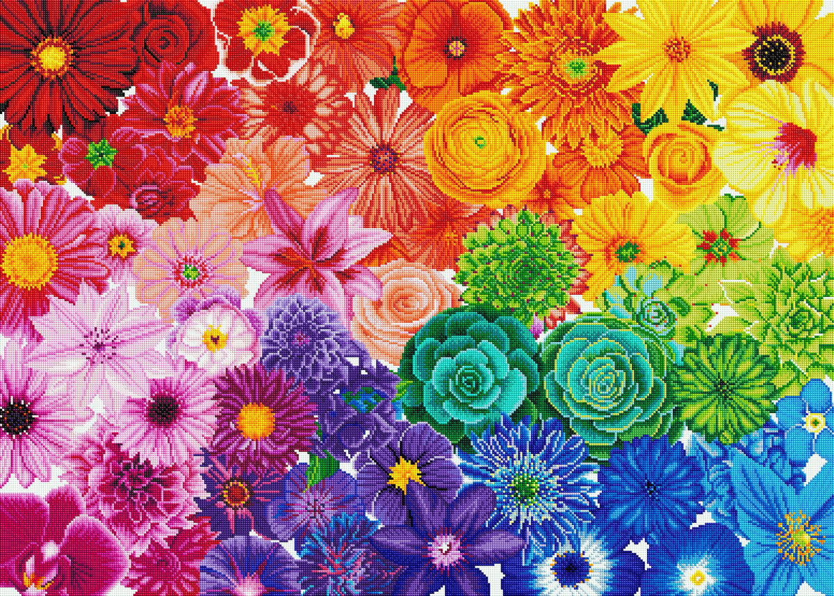 Diamond Painting Rainbow Flower Power 38.6" x 27.6" (98cm x 70cm) / Square with 61 Colors including 6 ABs / 107,476