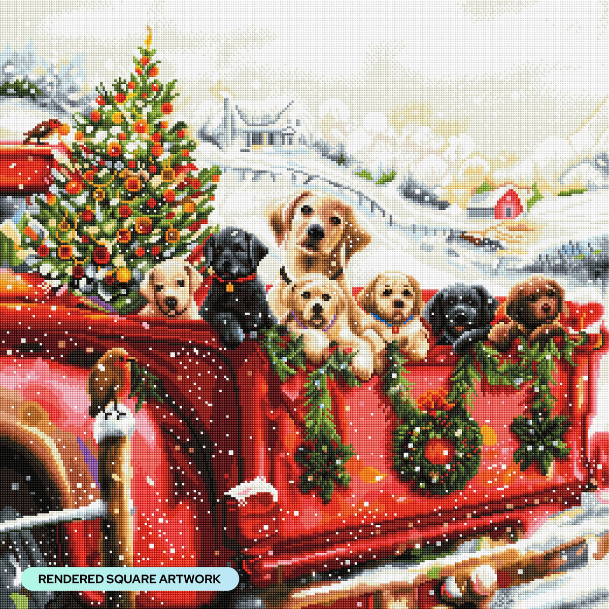 Diamond Painting Red Truck and Labradors 25.6" x 25.6" (65cm x 65cm) / Square with 51 Colors including 2 ABs and 2 Fairy Dust Diamonds / 68,121