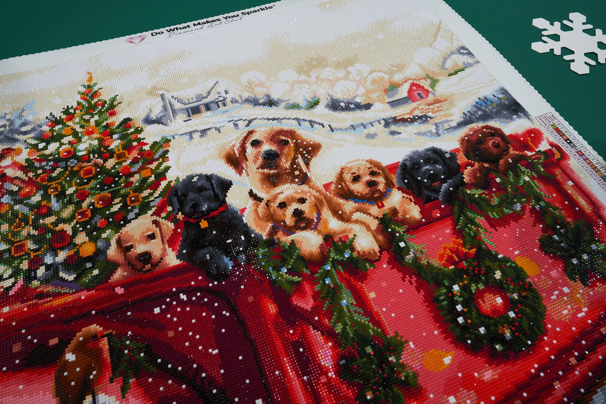 Diamond Painting Red Truck and Labradors 25.6" x 25.6" (65cm x 65cm) / Square with 51 Colors including 2 ABs and 2 Fairy Dust Diamonds / 68,121