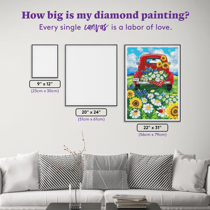 Diamond Painting Red Truck Daisy Hill 22" x 31″ (56cm x 79cm) / Square with 46 Colors including 2 ABs / 68,952