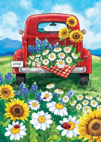 Diamond Painting Red Truck Daisy Hill 22" x 31″ (56cm x 79cm) / Square with 46 Colors including 2 ABs / 68,952