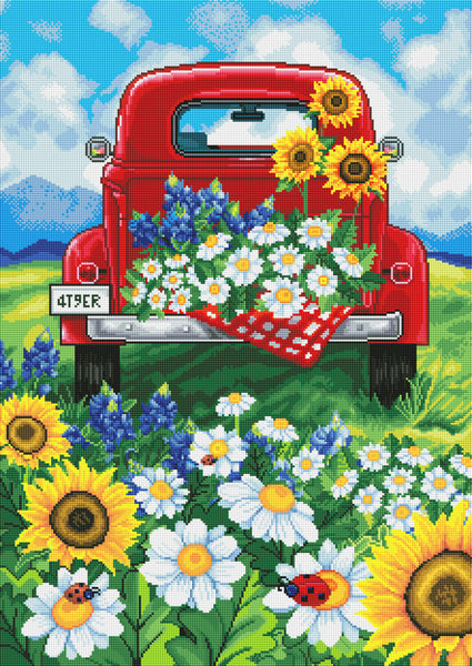 Diamond Painting Red Truck Daisy Hill 22" x 31″ (56cm x 79cm) / Square with 46 Colors including 2 ABs / 68,952