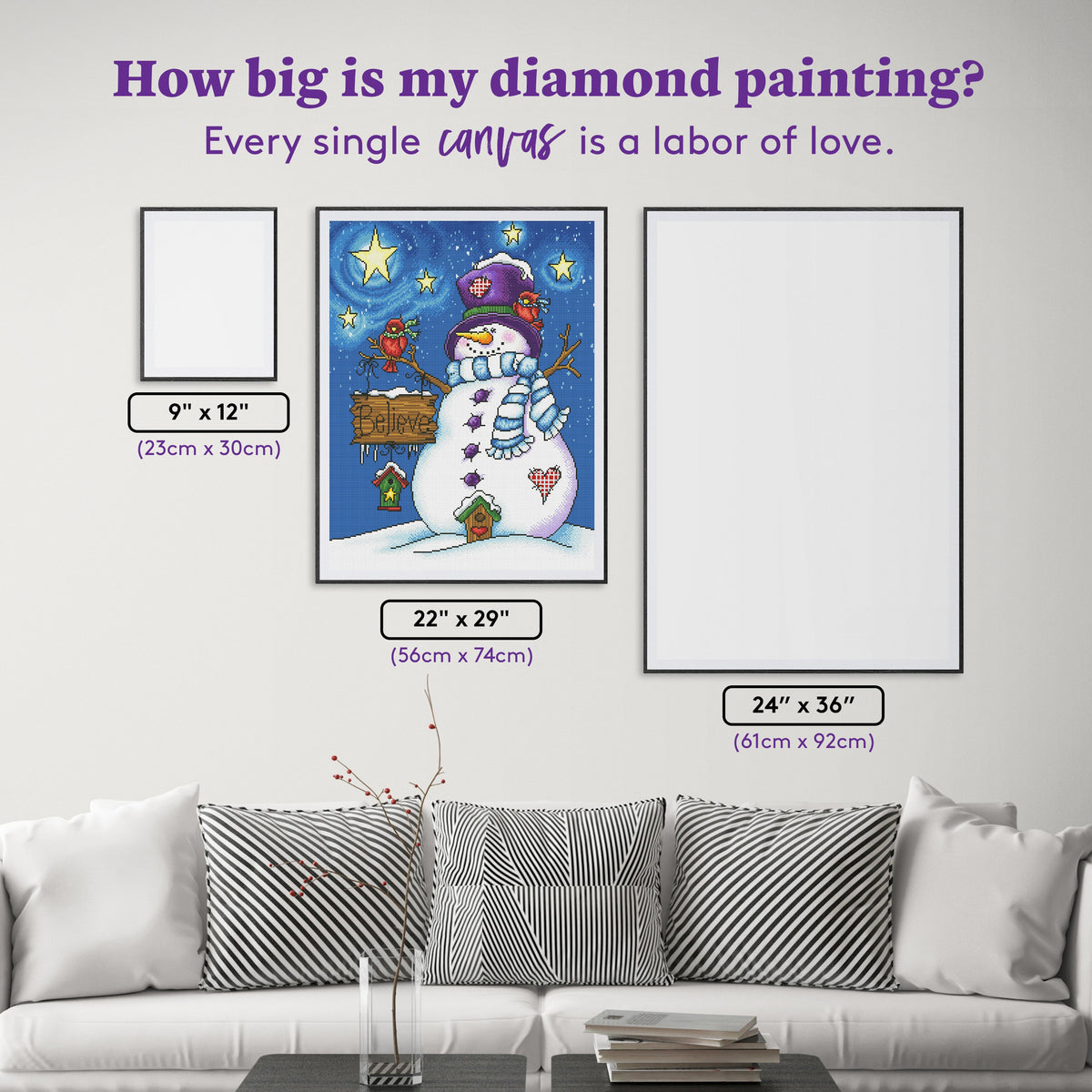 Diamond Painting Snowman Believe 22" x 29″ (56cm x 74cm) / Round with 40 Colors including 5 ABs and 1 Glow-in-the-Dark / 52,138