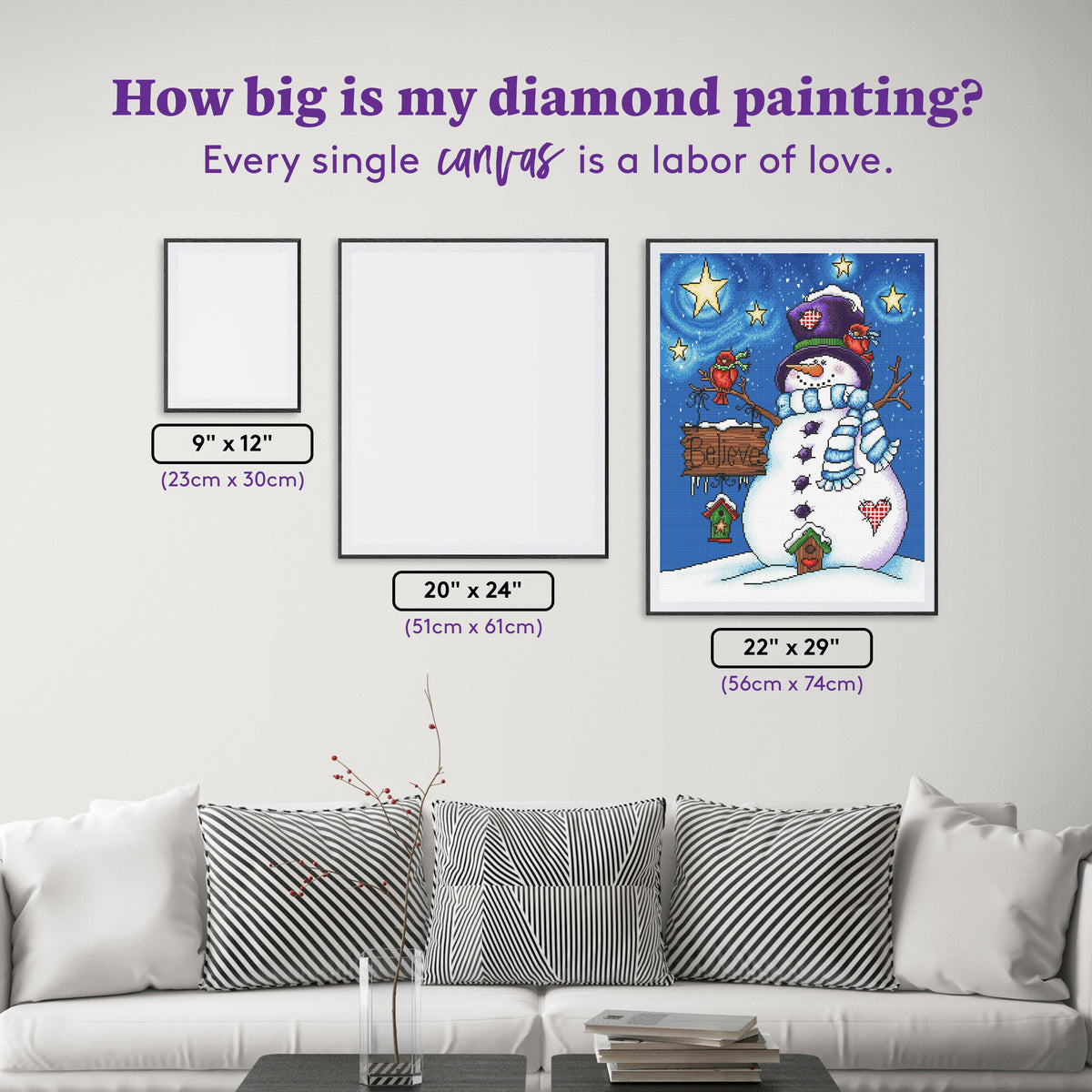 Diamond Painting Snowman Believe 22" x 29″ (56cm x 74cm) / Round with 40 Colors including 5 ABs and 1 Glow-in-the-Dark / 52,138