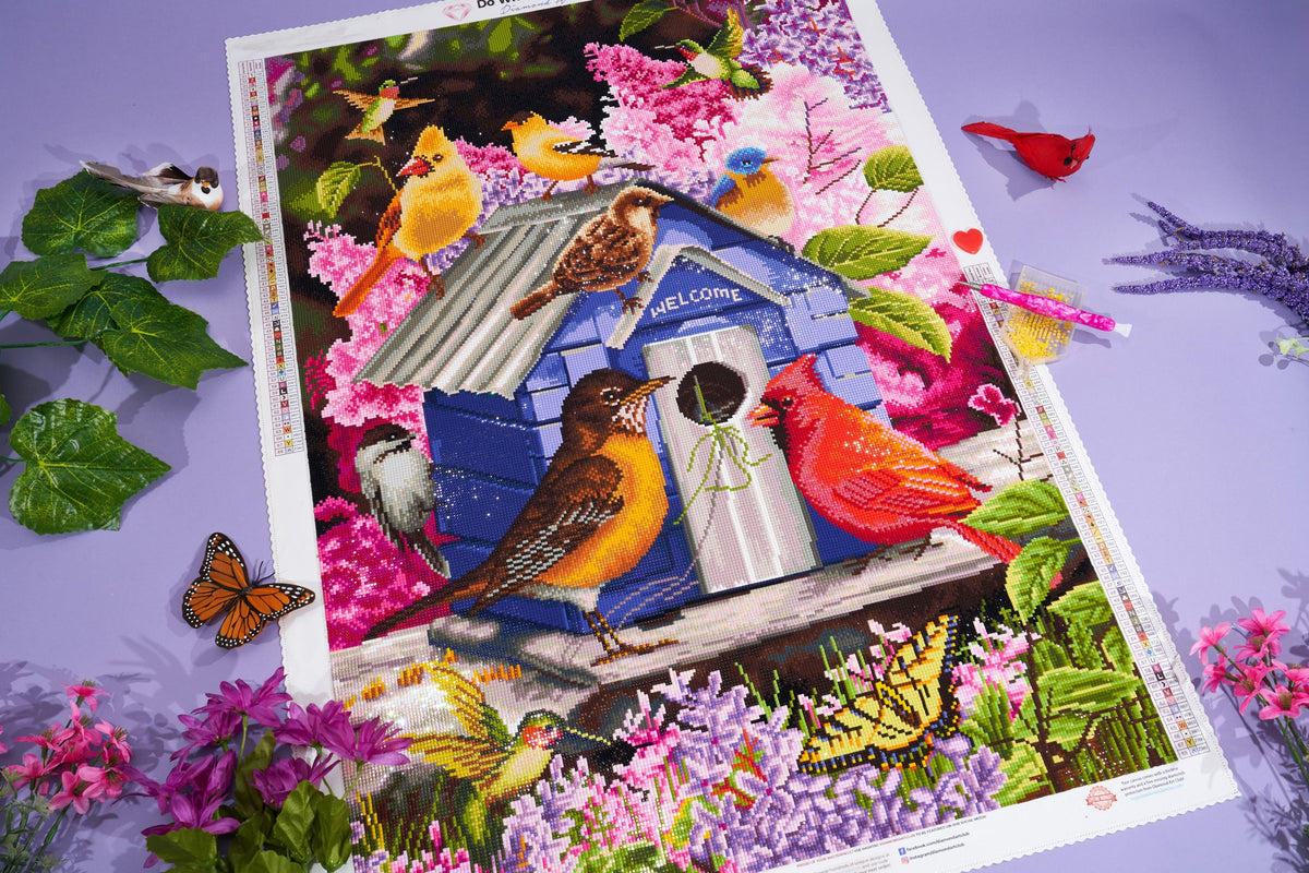 Diamond Painting Spring Birdhouse 23.6" x 33.5" (60cm x 85cm) / Square with 68 Colors including 4 ABs and 2 Fairy Dust Diamonds / 81,840