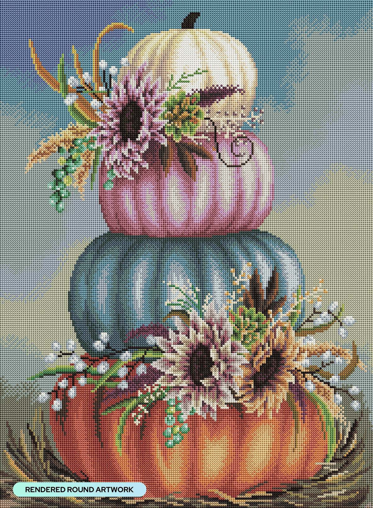 Diamond Painting Stacked Pumpkins with Sunflowers 20" x 27" (50.7cm x 69cm) / Round with 57 Colors including 1 ABs and 2 Fairy Dust Diamonds / 44,526