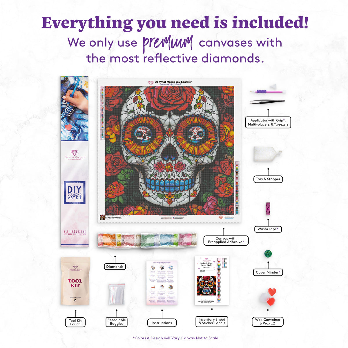 Diamond Painting Stained Glass Sugar Skull 25.6" x 25.6" (65cm x 65cm) / Square with 40 Colors including 5 ABs and 1 Fairy Dust Diamonds / 68,121