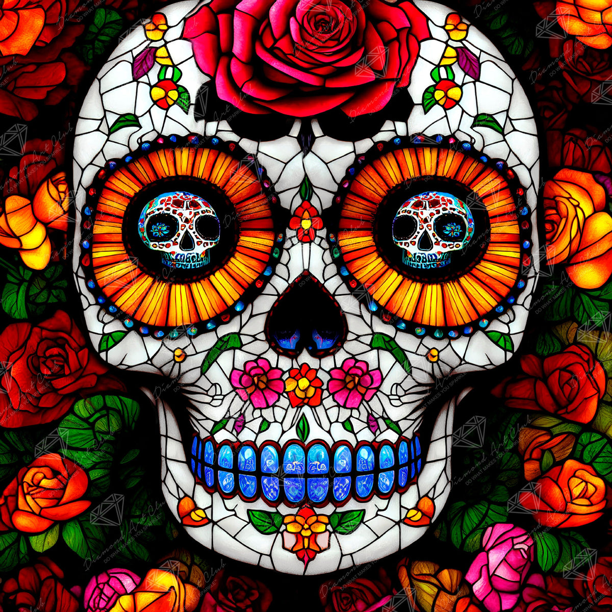 Diamond Painting Stained Glass Sugar Skull 25.6" x 25.6" (65cm x 65cm) / Square with 40 Colors including 5 ABs and 1 Fairy Dust Diamonds / 68,121