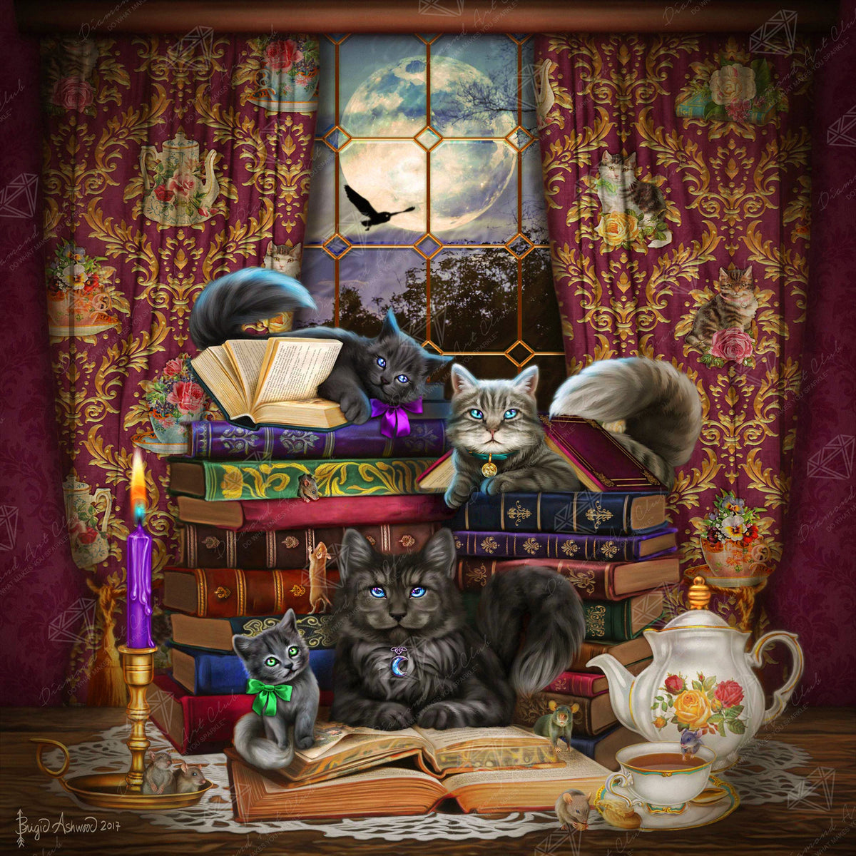 Diamond Painting Storytime Cats & Books 25.6" x 25.6" (65cm x 65cm) / Square With 67 Colors Including 2 ABs, 1 Electro Diamond, and 2 Fairy Dust Diamonds / 68,121