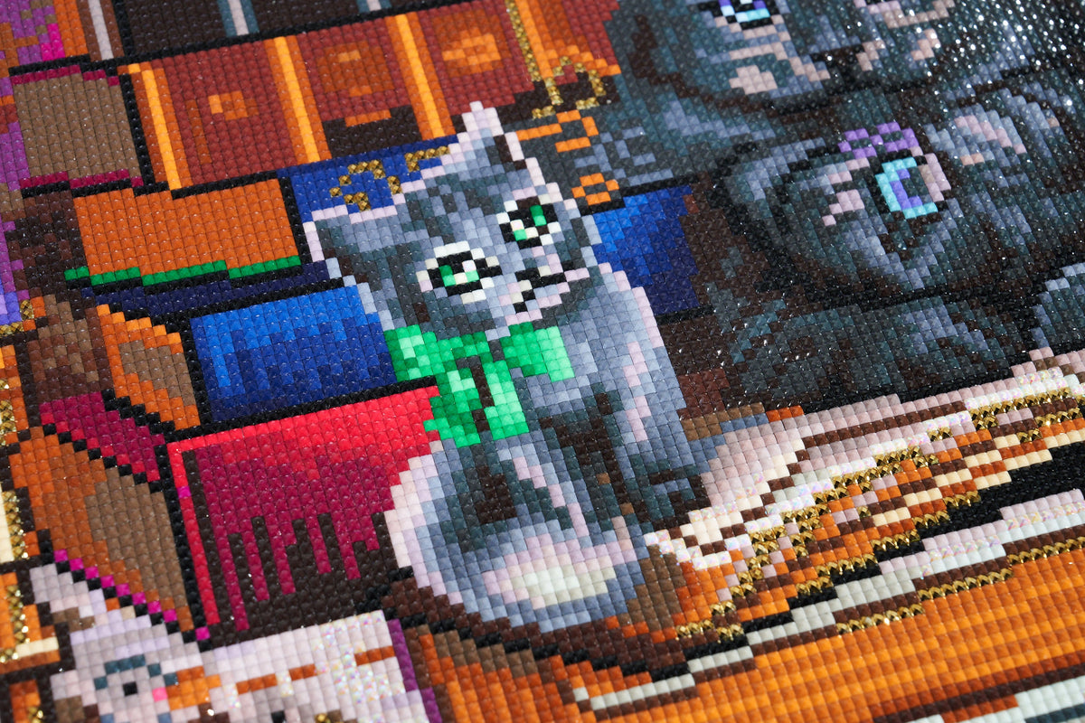 Diamond Painting Storytime Cats & Books 25.6" x 25.6" (65cm x 65cm) / Square With 67 Colors Including 2 ABs, 1 Electro Diamond, and 2 Fairy Dust Diamonds / 68,121