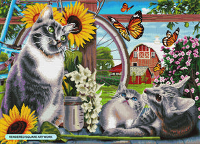 Diamond Painting Sunflower Cats 35.4" x 25.6" (90cm x 65cm) / Square with 65 Colors including 3 ABs and 2 Fairy Dust Diamonds / 94,221