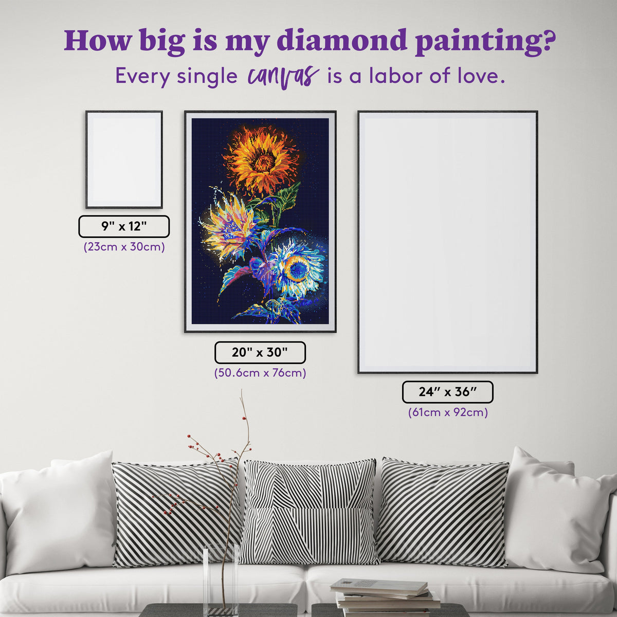 Diamond Painting Sunflower, Starflower, Moonflower 20" x 30" (50.6cm x 76cm) / Round with 57 Colors including 3 ABs and 3 Fairy Dust Diamonds / 50,784