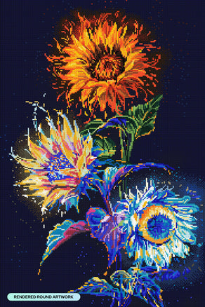 Diamond Painting Sunflower, Starflower, Moonflower 20" x 30" (50.6cm x 76cm) / Round with 57 Colors including 3 ABs and 3 Fairy Dust Diamonds / 50,784