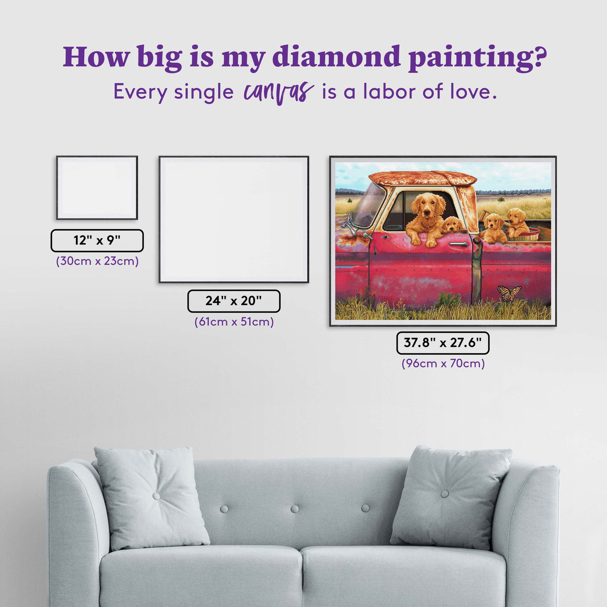 Diamond Painting Truck and Goldens 37.8" x 27.6" (96cm x 70cm) / Square with 75 Colors including 1 AB and 4 Fairy Dust Diamonds / 108,185