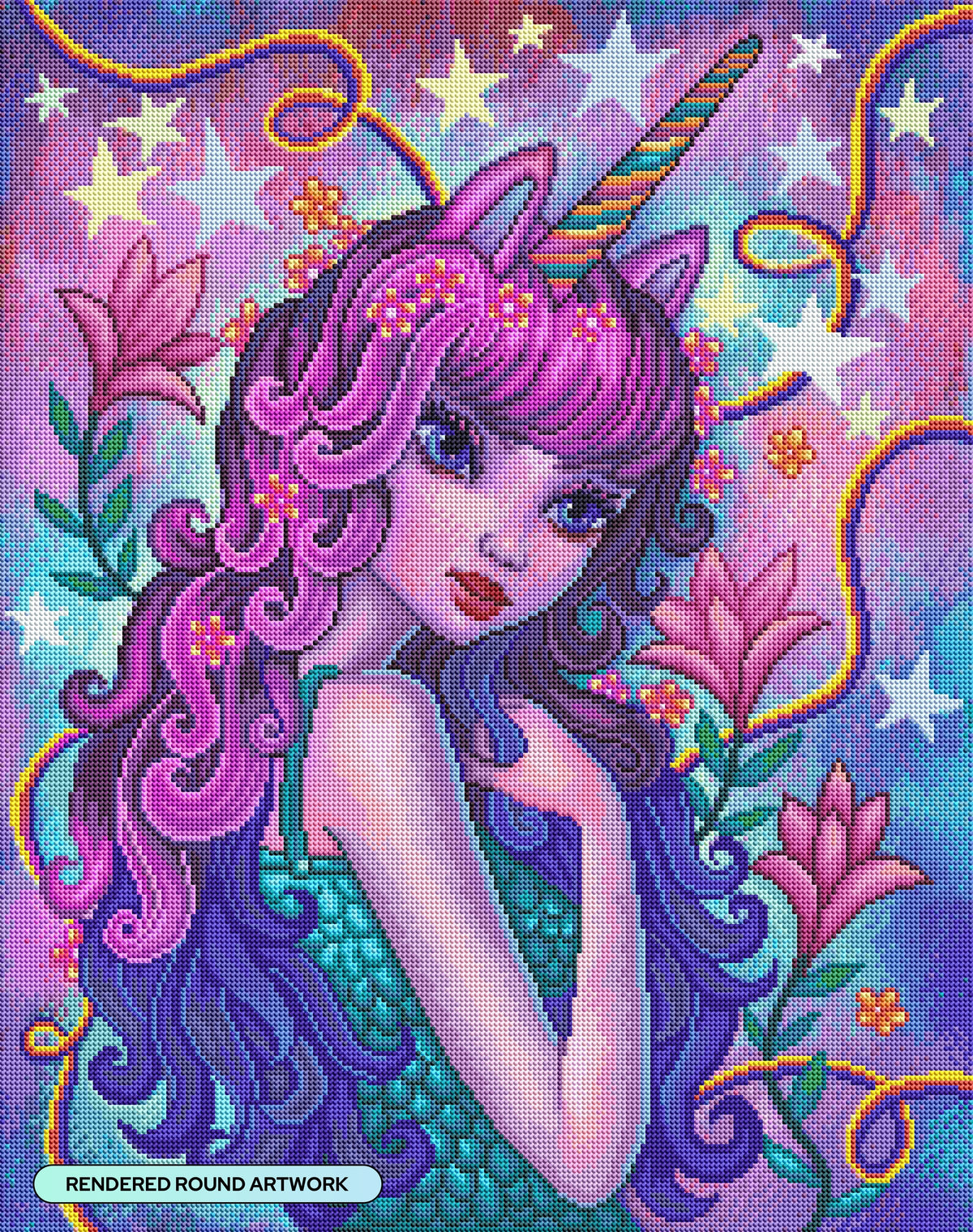 Diamond Painting Unicorn Girl 22" x 28" (55.8cm x 70.6cm) / Round with 64 Colors including 6 ABs and 3 Fairy Dust Diamonds / 50,148