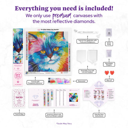 Diamond Painting Watercolor Rainbow Cat 17" x 17" (42.6cm x 42.6cm) / Round with 44 Colors including 4 ABs and 3 Fairy Dust Diamonds / 23,104