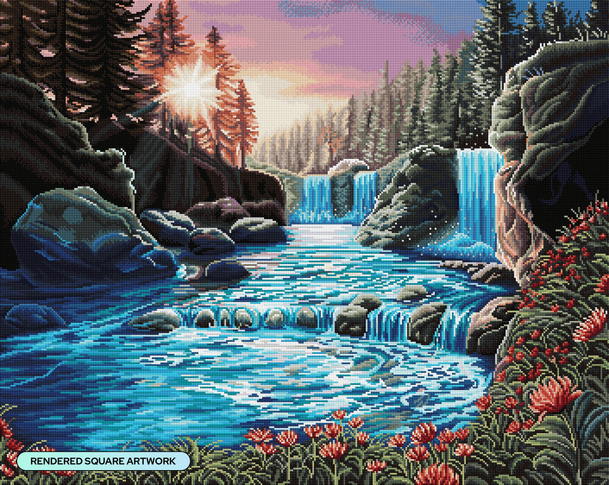 Diamond Painting Waterfall Sunset 34.7" x 27.6" (88cm x 70cm) / Square with 53 Colors including 3 ABs and 3 Fairy Dust Diamonds / 99,193