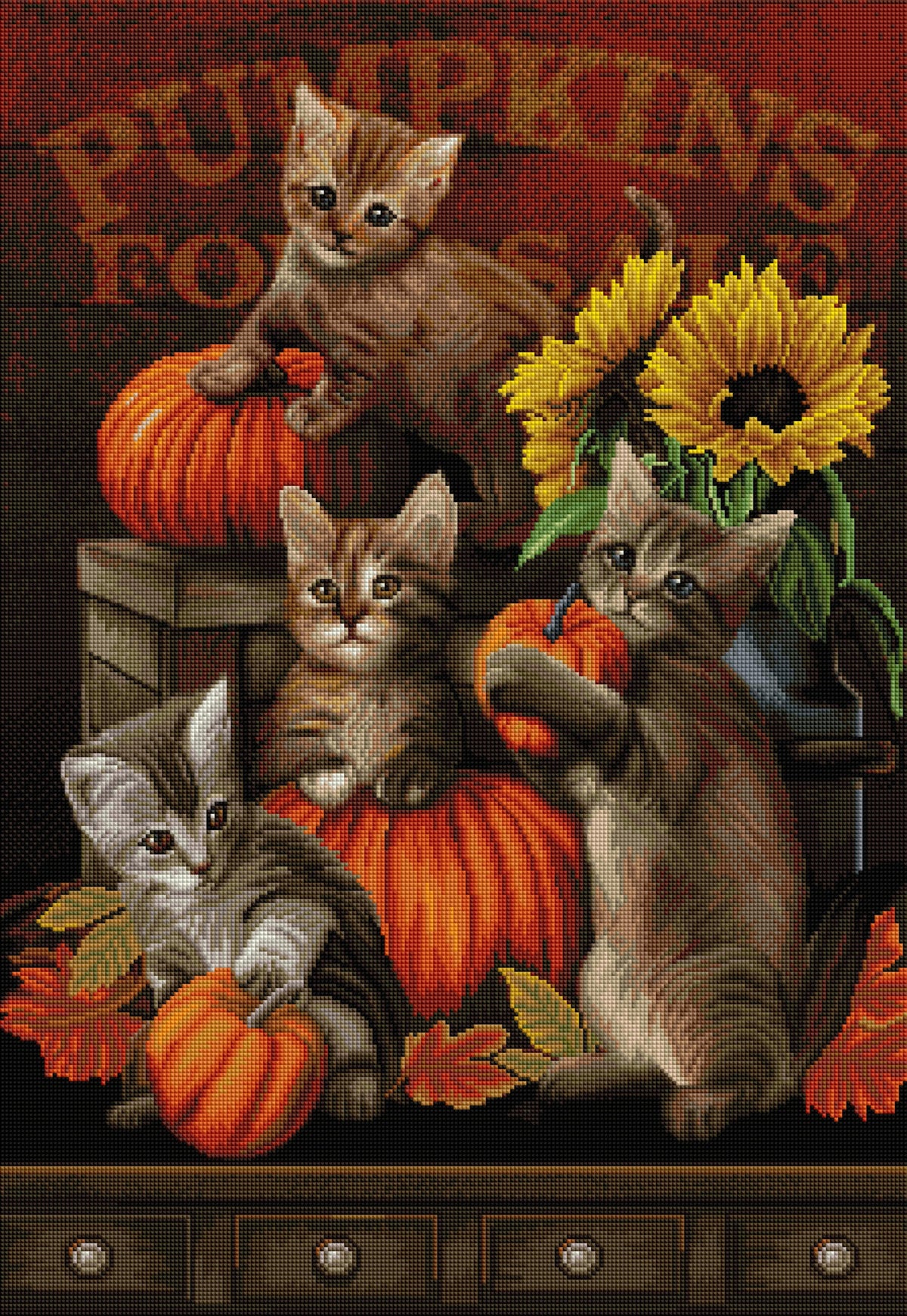 Diamond Painting Autumn Kittens 22" x 32" (55.8cm x 80.9cm) / Square With 55 Colors Including 4 ABs / 72,800