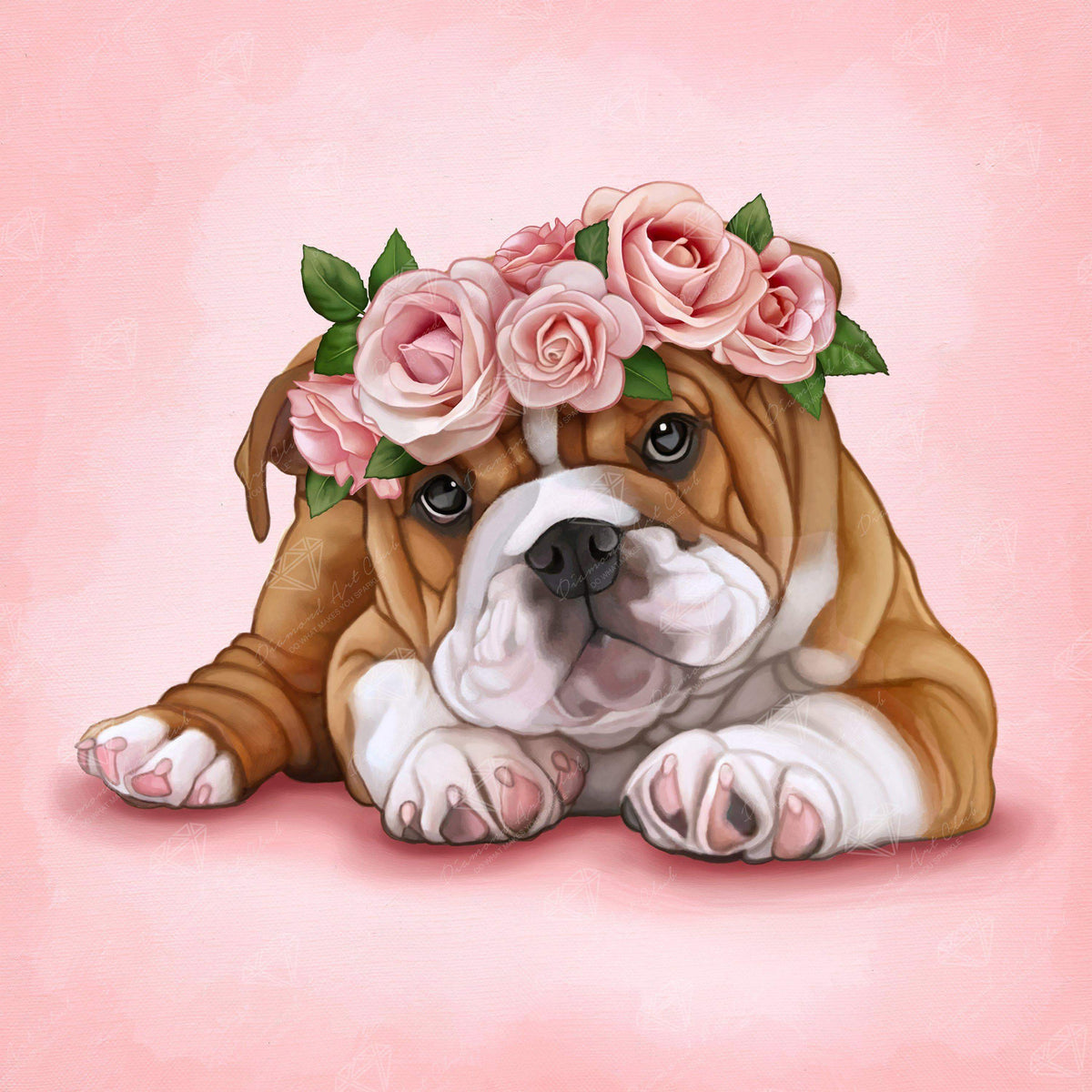 Diamond Painting Bulldog & Roses 20" x 20" (51cm x 51cm) / Square with 30 Colors including 4 ABs / 13,911