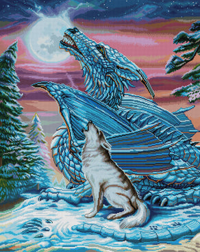 Diamond Painting Dragon Wolf Moon (Moon Song) 27.6" x 34.7" (70cm x 88cm) / Square with 62 Colors including 4 ABs / 96673