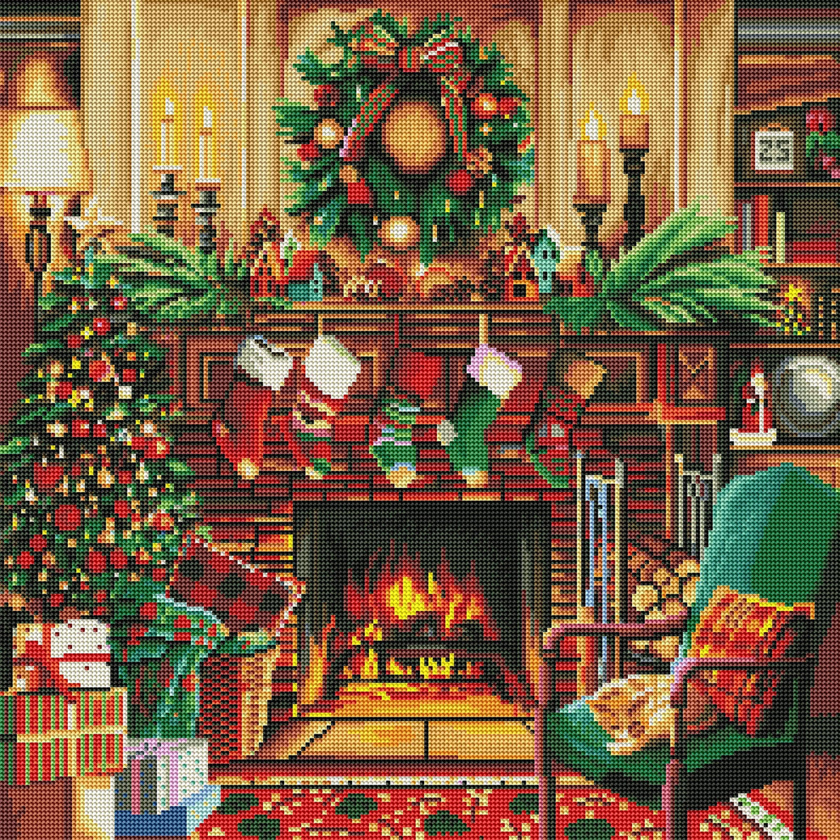 Diamond Painting Fireside Christmas 22" x 22″ (56cm x 56cm) / Round With 38 Colors Including 2 ABs / 39,205