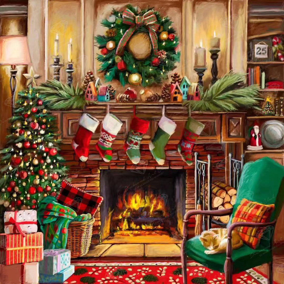 Diamond Painting Fireside Christmas 22" x 22″ (56cm x 56cm) / Round With 38 Colors Including 2 ABs / 39,205