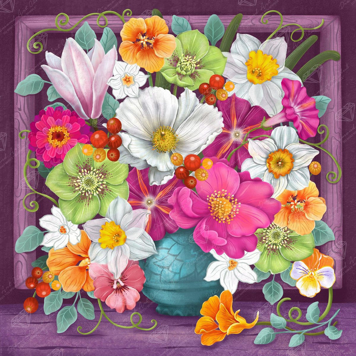 Diamond Painting Happy Flowers Blue Vase 20" x 20" (50.7cm x 50.7cm) / Round with 52 Colors including 5 ABs / 32,761