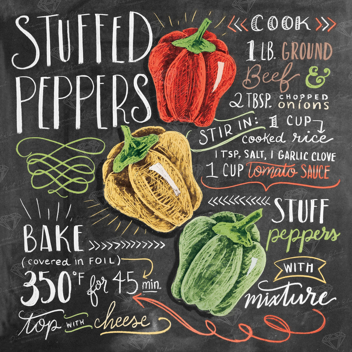 Diamond Painting Stuffed Peppers 21.7" x 21.7″ (55cm x 55cm) / Square With 31 Colors Including 1 AB / 46,656