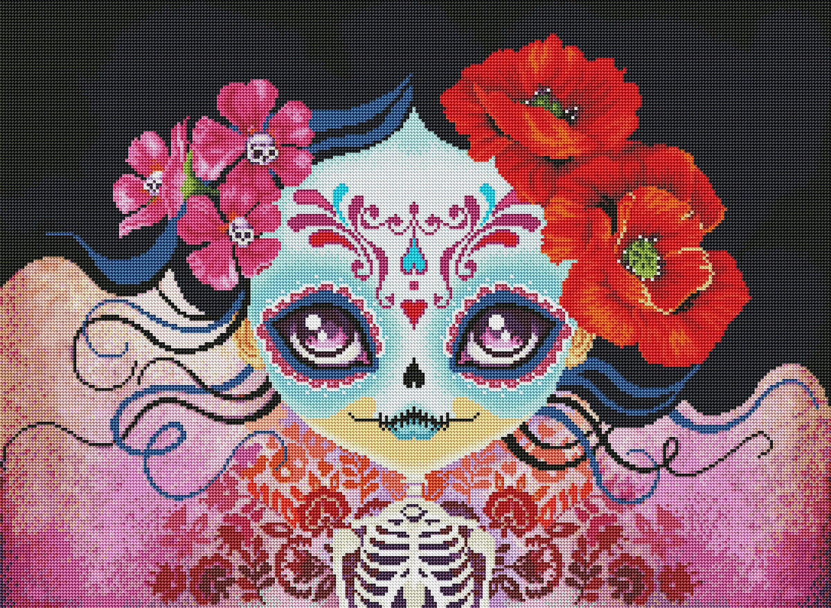 Diamond Painting Sugar Skull Amelia 30" x 22″ (76cm x 56cm) / Round with 66 Colors including 4 ABs / 54,128