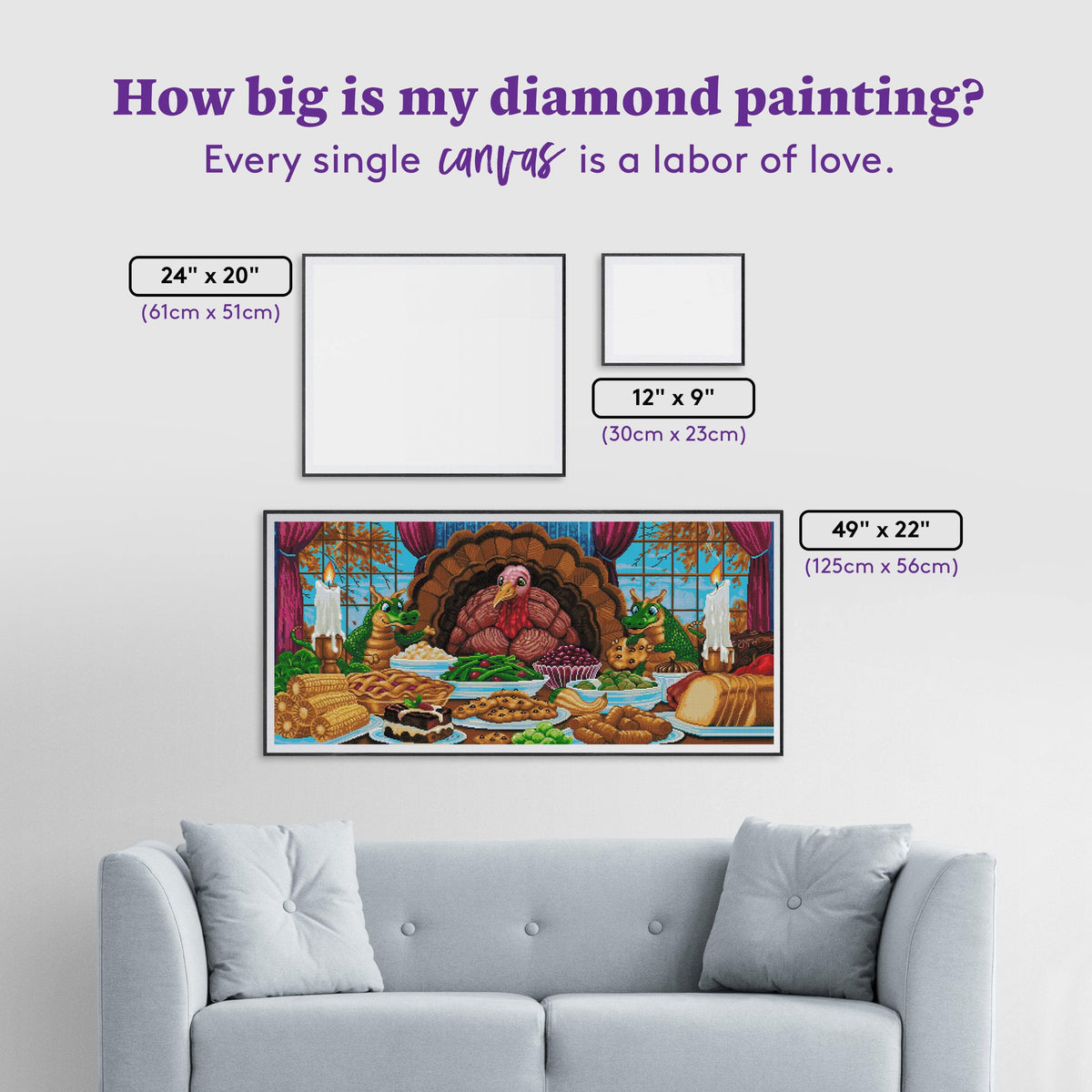 Diamond Painting Turkey for Thanksgiving 49" x 22" (125cm x 56cm) / Square with 63 Colors including 4 ABs / 112,448