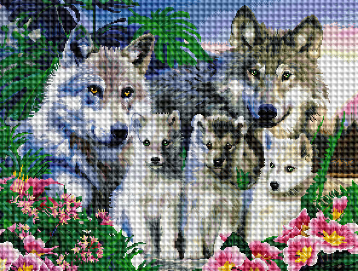 Diamond Painting Wolf Family 29" x 22" (73.7cm x 55.8cm) / Square with 67 Colors including 4 ABs / 66,304